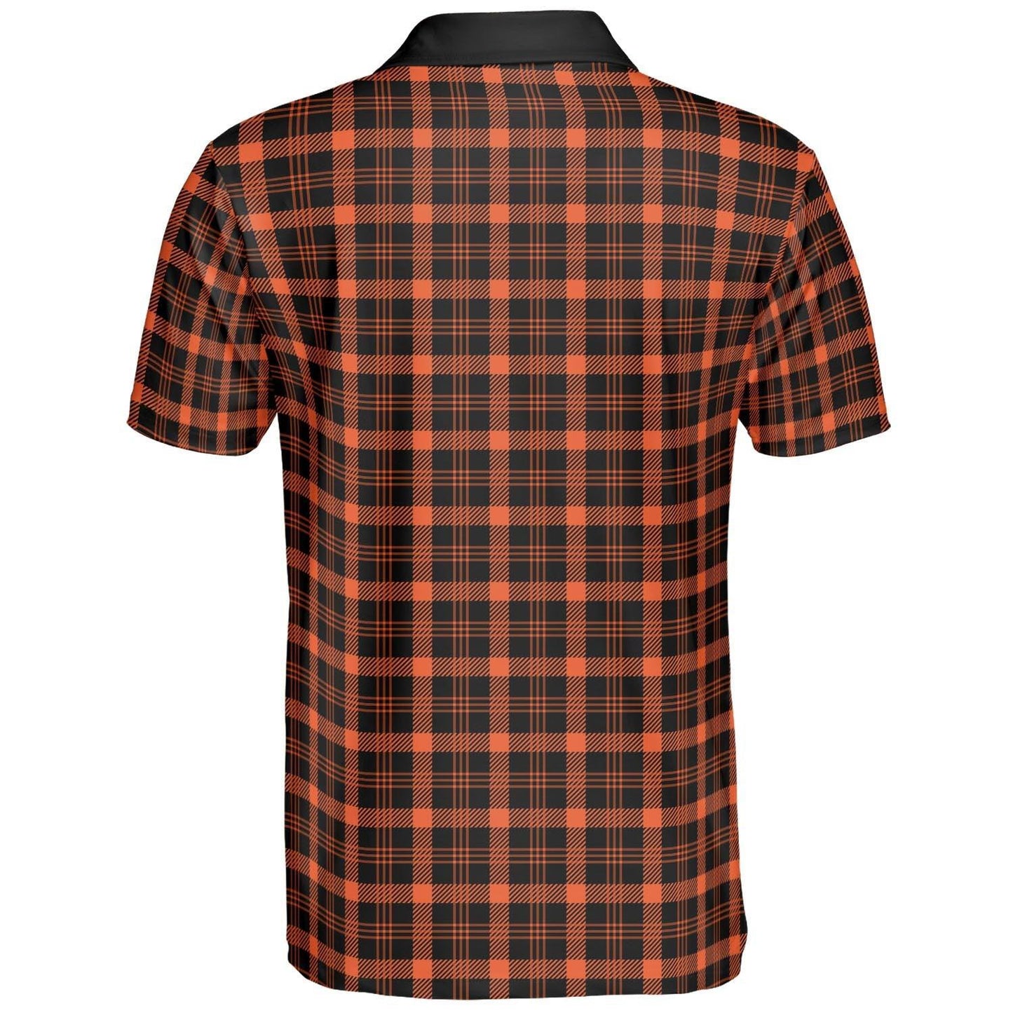 Black and Orange Buffalo Plaid Polo Shirt for Men Halloween Fall Checkered Pattern Moisture Wicking Short Sleeve Golf Top