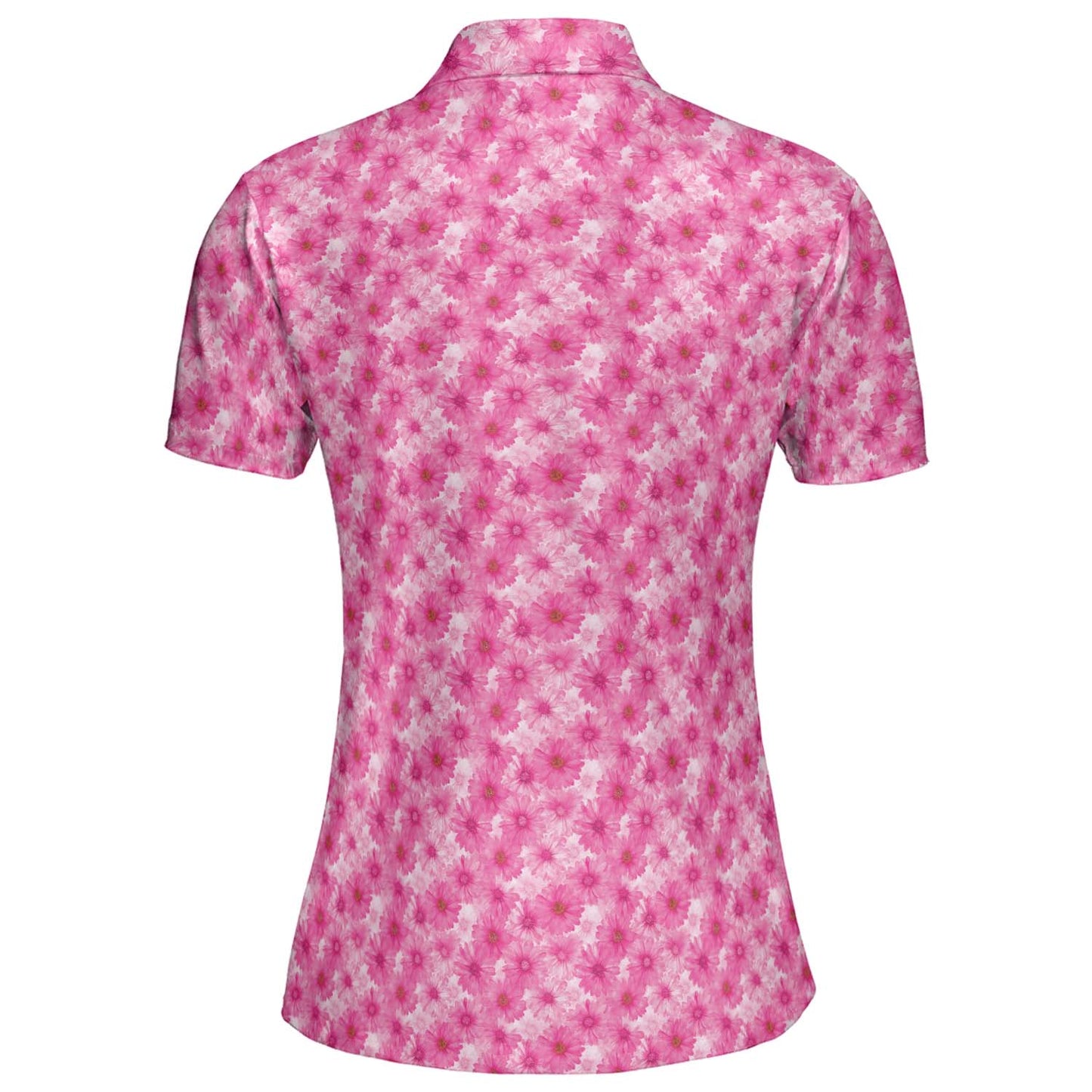 Pink Daisy Floral Polo Shirt for Women Spring Cottagecore Moisture Wicking Short Sleeve Golf Top