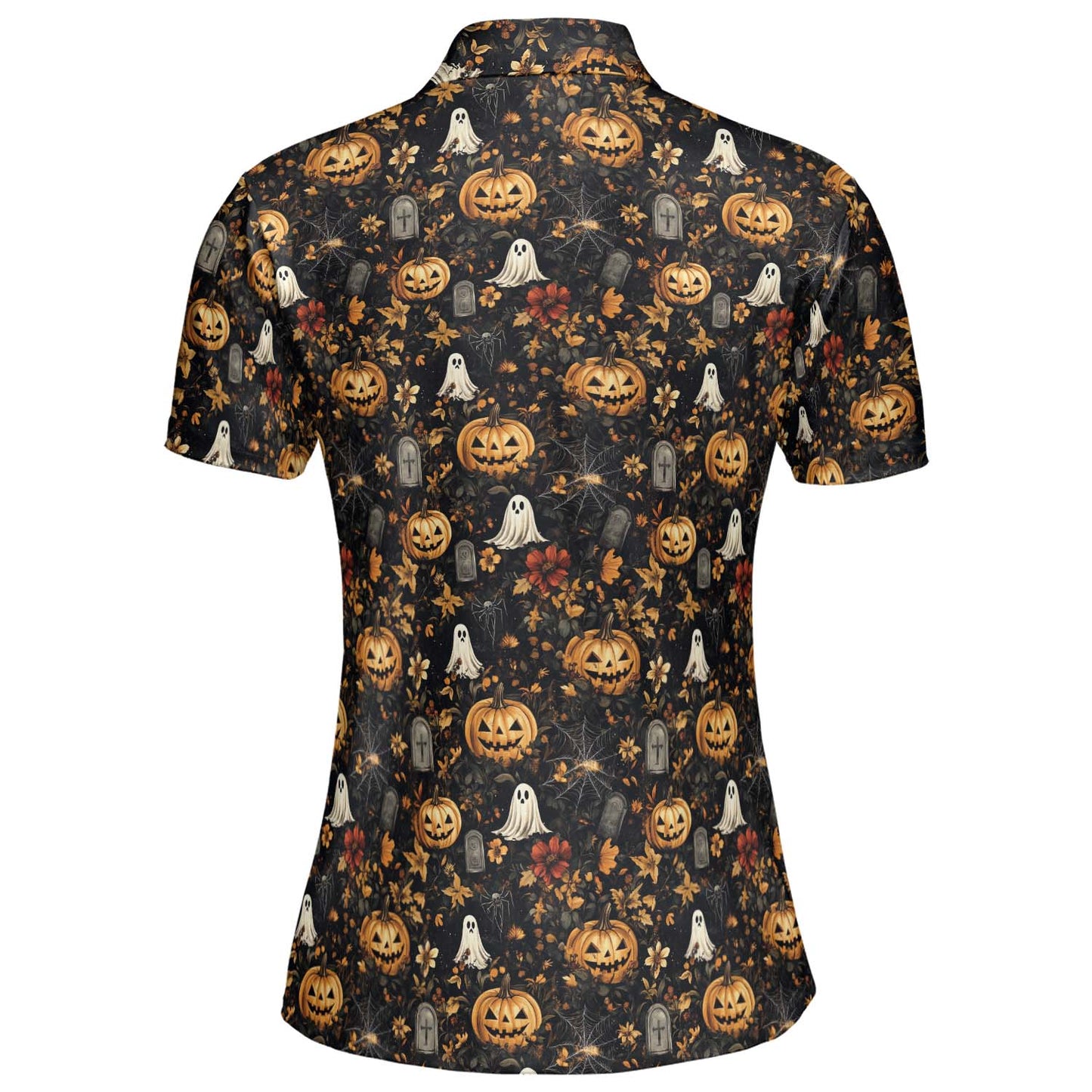 Ghost Pumpkin Floral Halloween Polo Shirt for Women Moisture Wicking Short Sleeve Golf Top