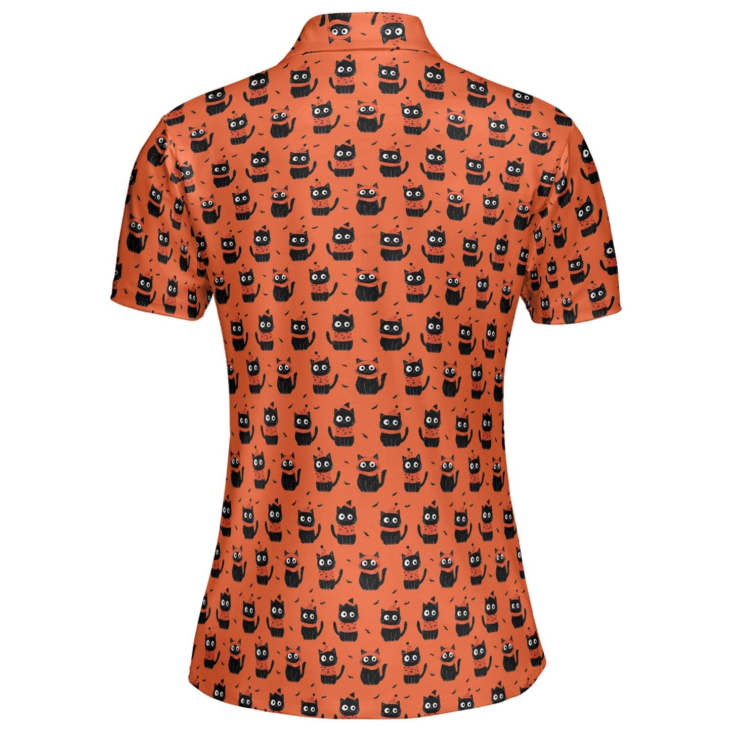 Funny Halloween Cat Polo Shirt for Women Orange Spooky Cute Moisture Wicking Short Sleeve Golf Top