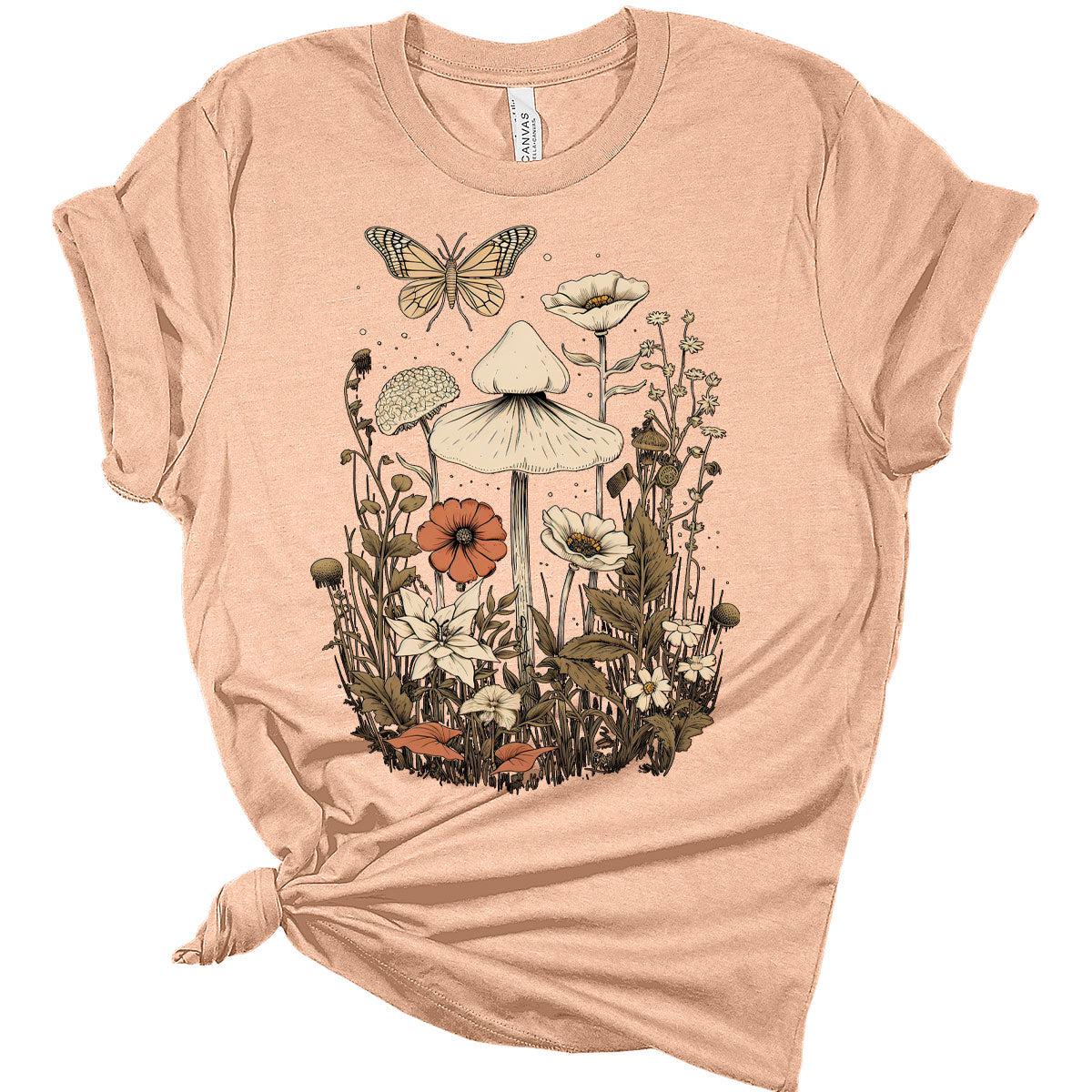 Graphic Tees for Women Floral Mushroom Butterfly Tshirts Vintage Tops Cute Floral Wildflower Girls Shirts