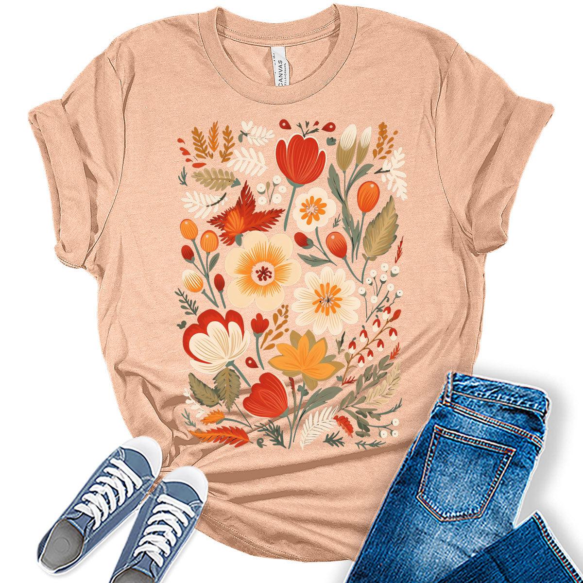 Vintage Floral Fall Graphic Tee for Women Cute Cottagecore Boho Tops for Teen Girls