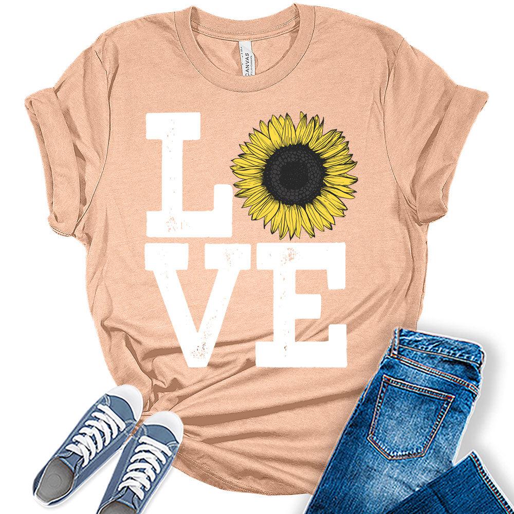 Womens Sunflower Casual Ladies Cute Floral Love Graphic Tees Spring Short Sleeve Plus Size Summer Tops for Women