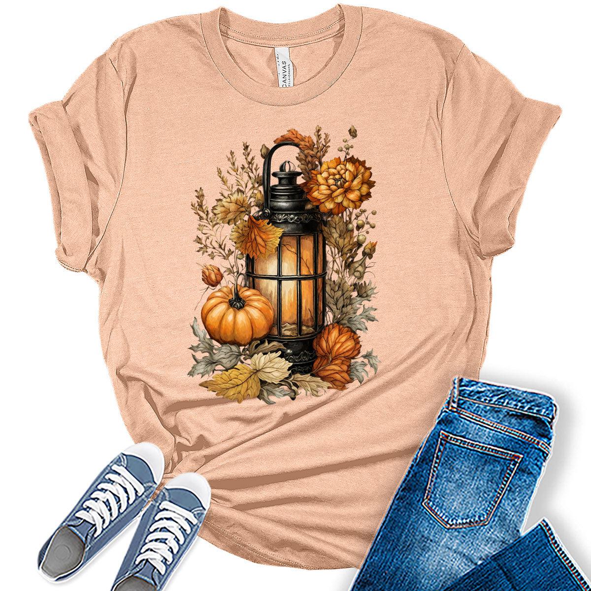 Fall Clothes for Women Casual Cottagecore Pumpkin Lantern Graphic Tees Autumn Shirts