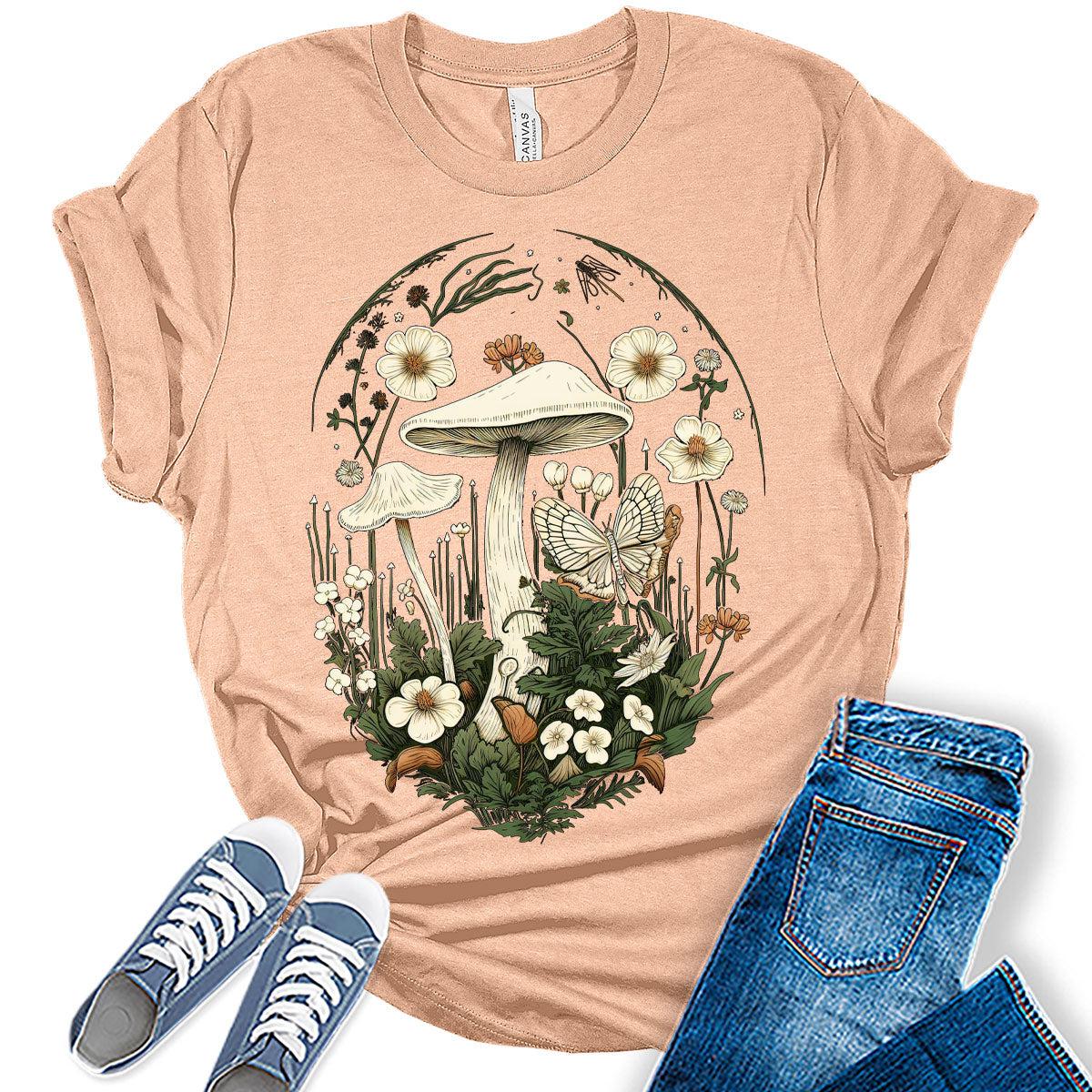 Womens Floral Mushroom Butterfly Tshirts Vintage Tops Cute Floral Wildflower Girls Shirts