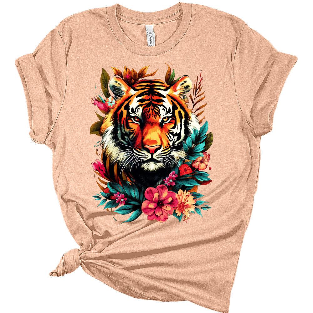 Womens Groovy Floral Tiger Shirts Cute T-Shirt Short Sleeve Tops Summer Crewneck Graphic Tee