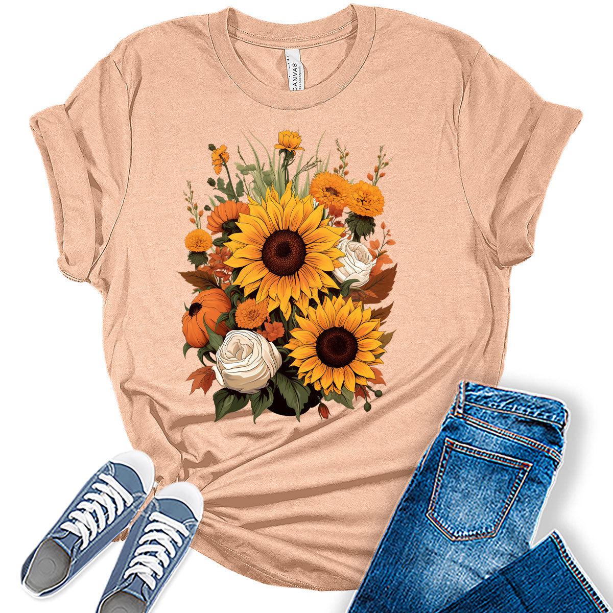 Womens Fall Vintage Tops Sunflower Tshirt Cottagecore Floral Graphic Tee Autumn Shirts