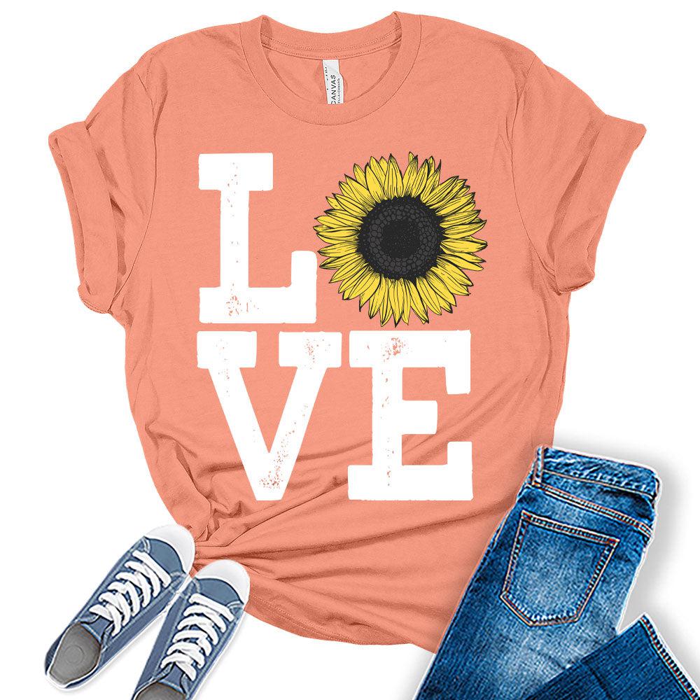 Womens Sunflower Casual Ladies Cute Floral Love Graphic Tees Spring Short Sleeve Plus Size Summer Tops for Women