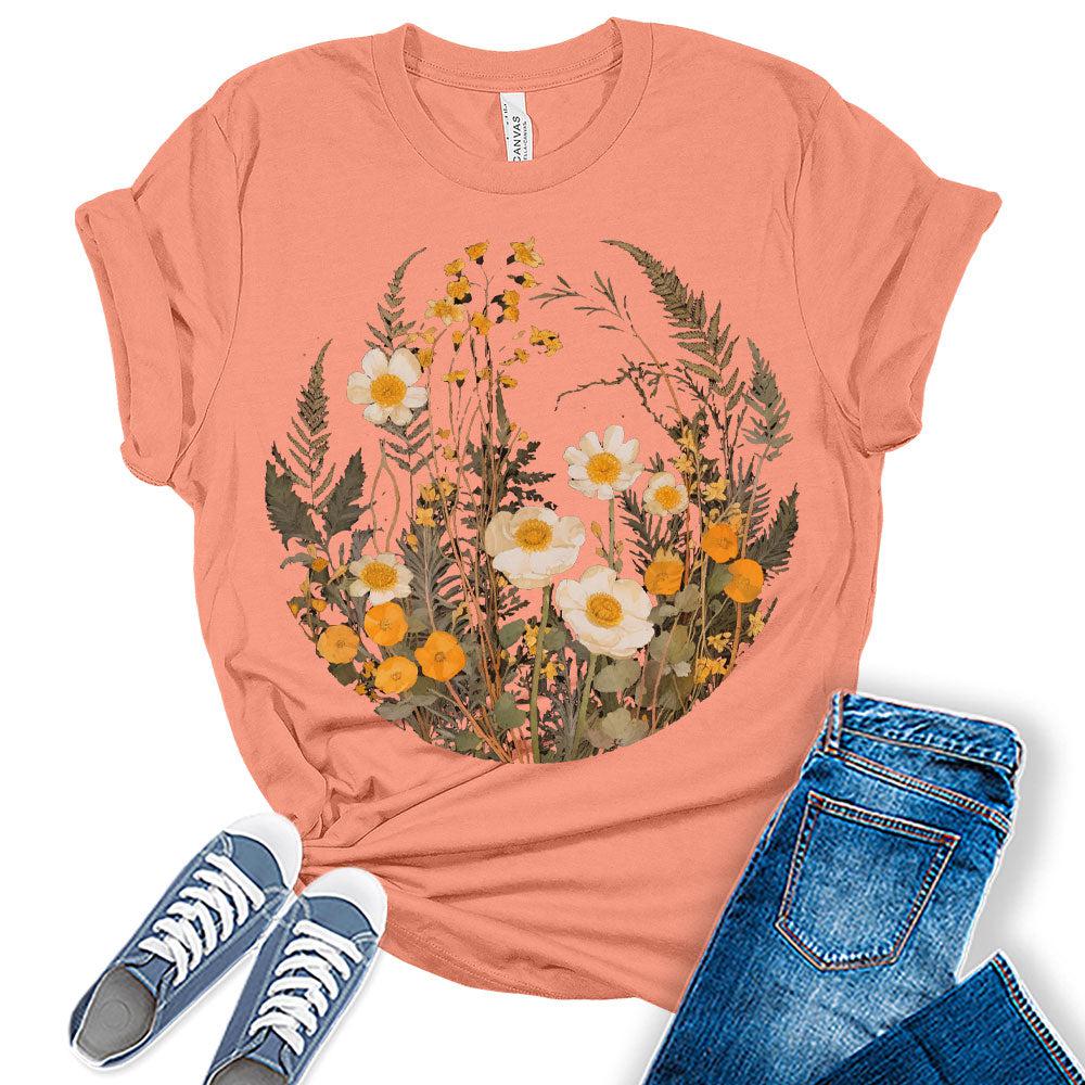 Womens Floral Shirts Trendy Wildflower Vintage Graphic Tees Spring Short Sleeve T Shirts Bella Summer Tops