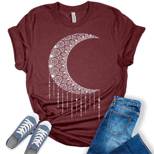Womens Mandala Crecent Moon Vintage Shirt Casual Bella Graphic Tees Short Sleeve Plus Size Vacation Classic-Fit Summer Tops