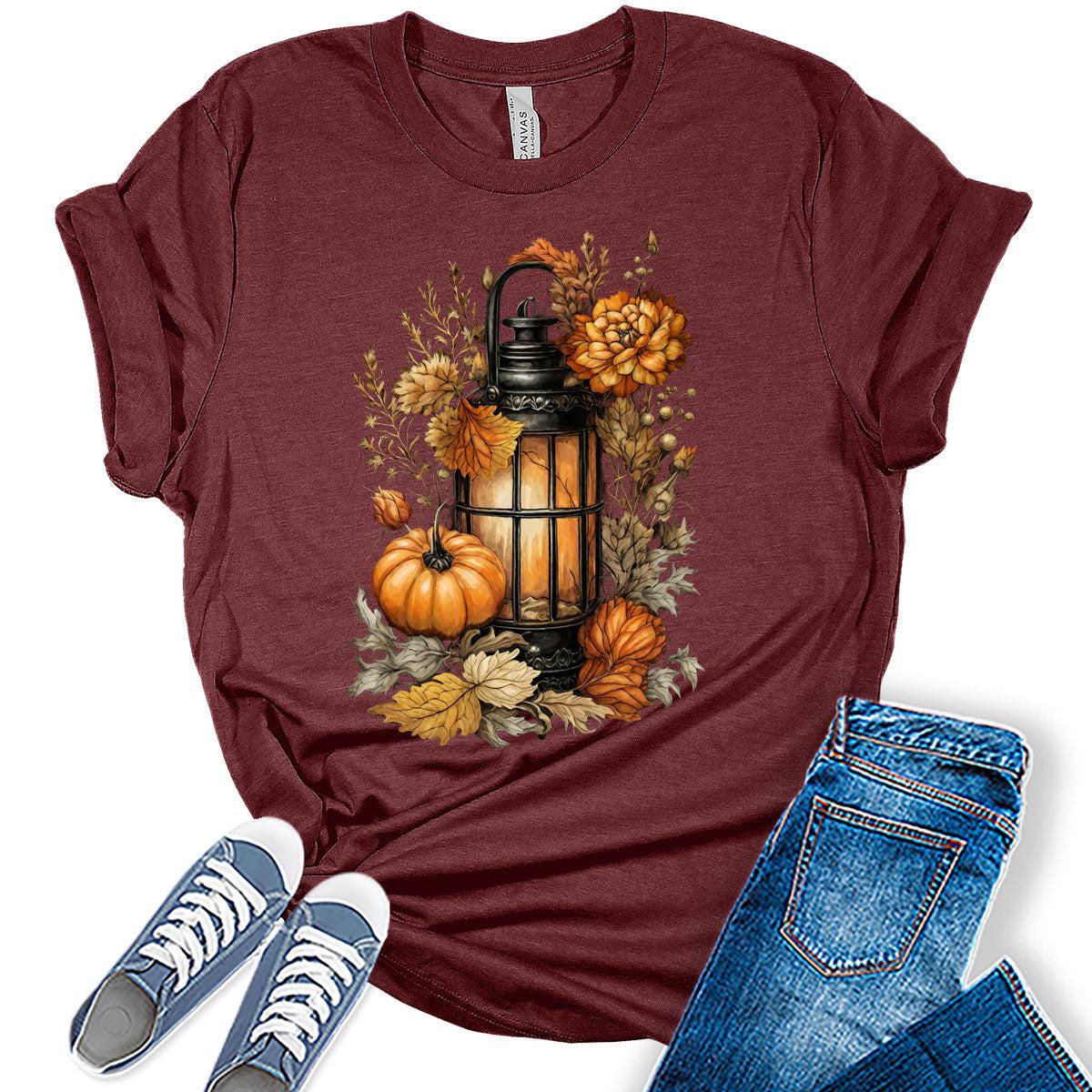 Fall Clothes for Women Casual Cottagecore Pumpkin Lantern Graphic Tees Autumn Shirts