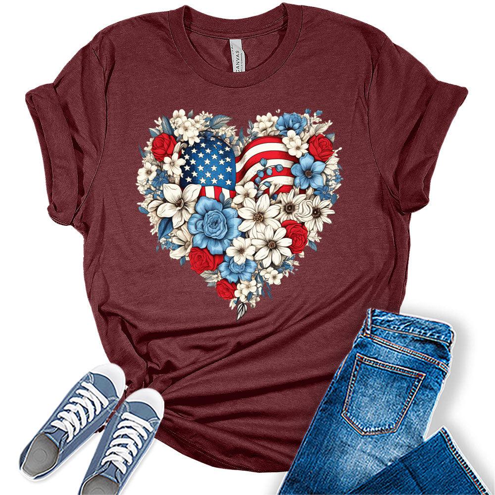 Womens 4th of July Shirts Patriotic American Flag Floral Heart Tshirts Bella Sunflower Short Sleeve Summer Graphic Tees