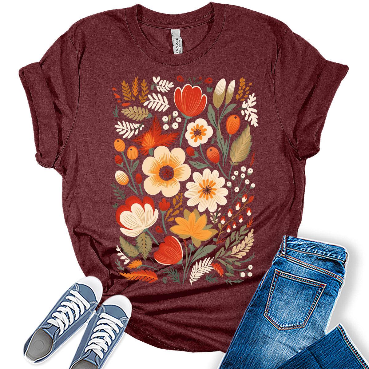 Vintage Floral Fall Graphic Tee for Women Cute Cottagecore Boho Tops for Teen Girls
