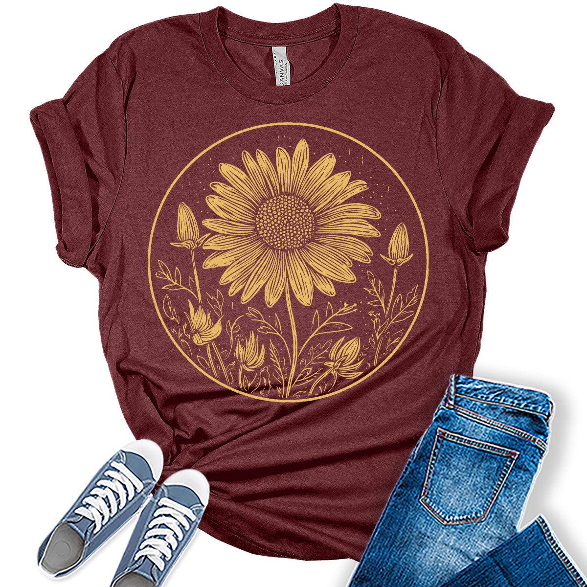 Sunflower Shirt Vintage Boho Tshirts Fall Graphic Tees for Women