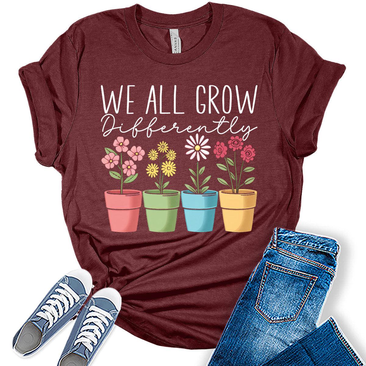 Teacher Shirts for Women We All Grow Differently Flower T Shirt Womens Vintage Plant Graphic Tee School Top