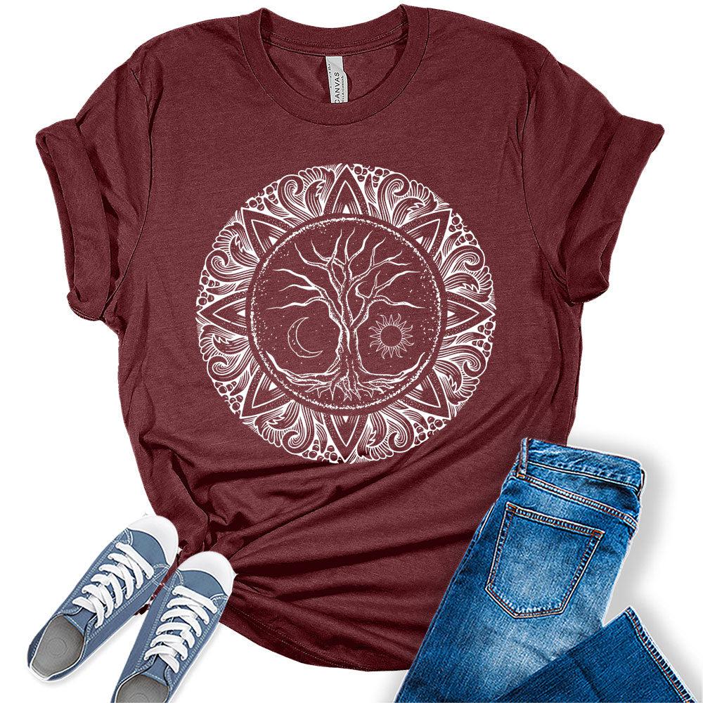 Womens Mandala Vintage Tree of Life Shirt Casual Bella Graphic Tees Short Sleeve Plus Size Vacation Classic-Fit Summer Tops