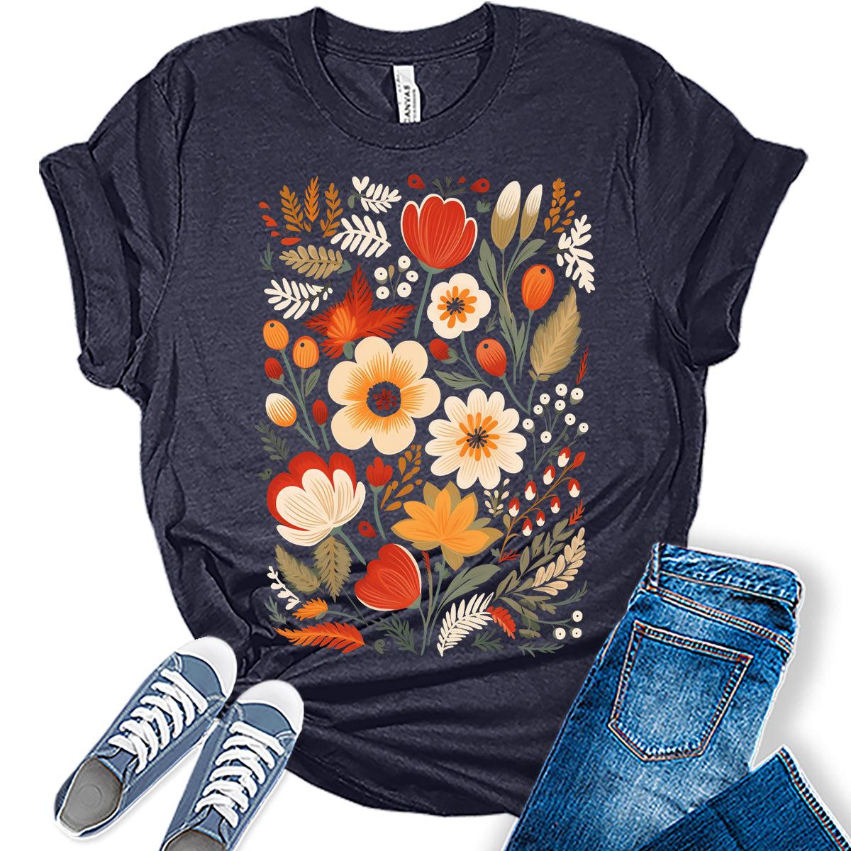 Vintage Floral Fall Graphic Tee for Women Cute Cottagecore Boho Tops for Teen Girls