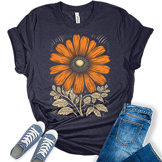 Vintage Sunflower Tshirt Women Boho Distressed Wildflowers Girls Graphic Tee Casual Nature Shirts Tops