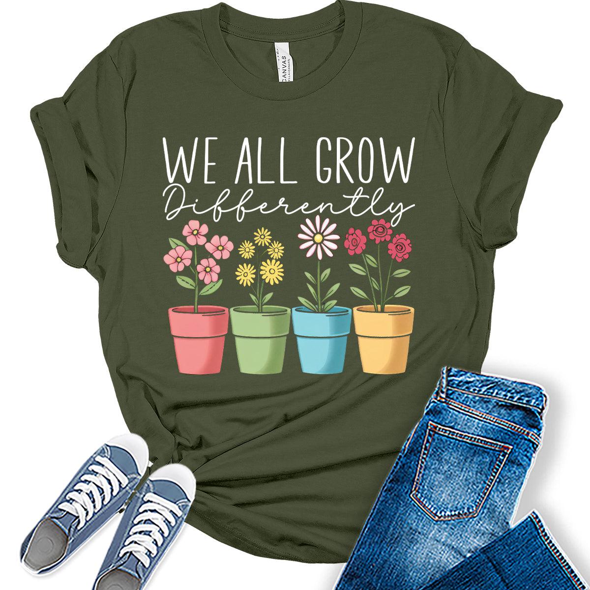 Teacher Shirts for Women We All Grow Differently Flower T Shirt Womens Vintage Plant Graphic Tee School Top