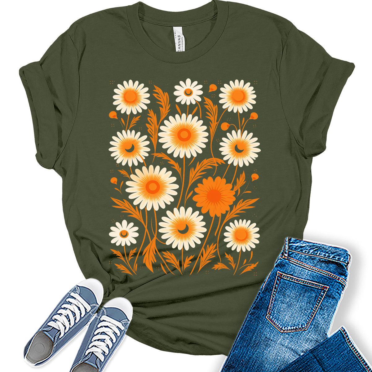 Fall Vintage Flower Collage Tshirt Women Boho Distressed Wildflowers Girls Graphic Tee Casual Nature Shirts Tops