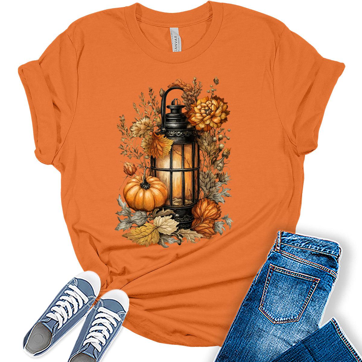 Fall Clothes for Women Casual Cottagecore Pumpkin Lantern Graphic Tees Autumn Shirts