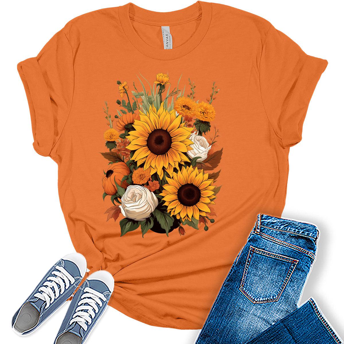 Womens Fall Vintage Tops Sunflower Tshirt Cottagecore Floral Graphic Tee Autumn Shirts