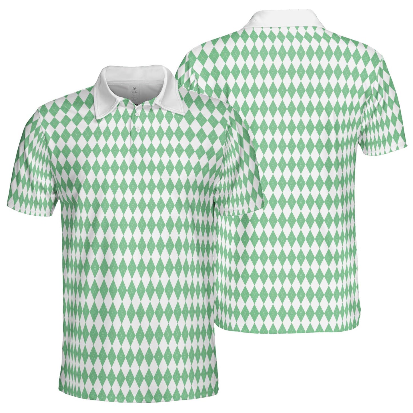 Bavarian Diamond Polo Shirt for Men Green White Checkered Moisture Wicking Short Sleeve Golf Top
