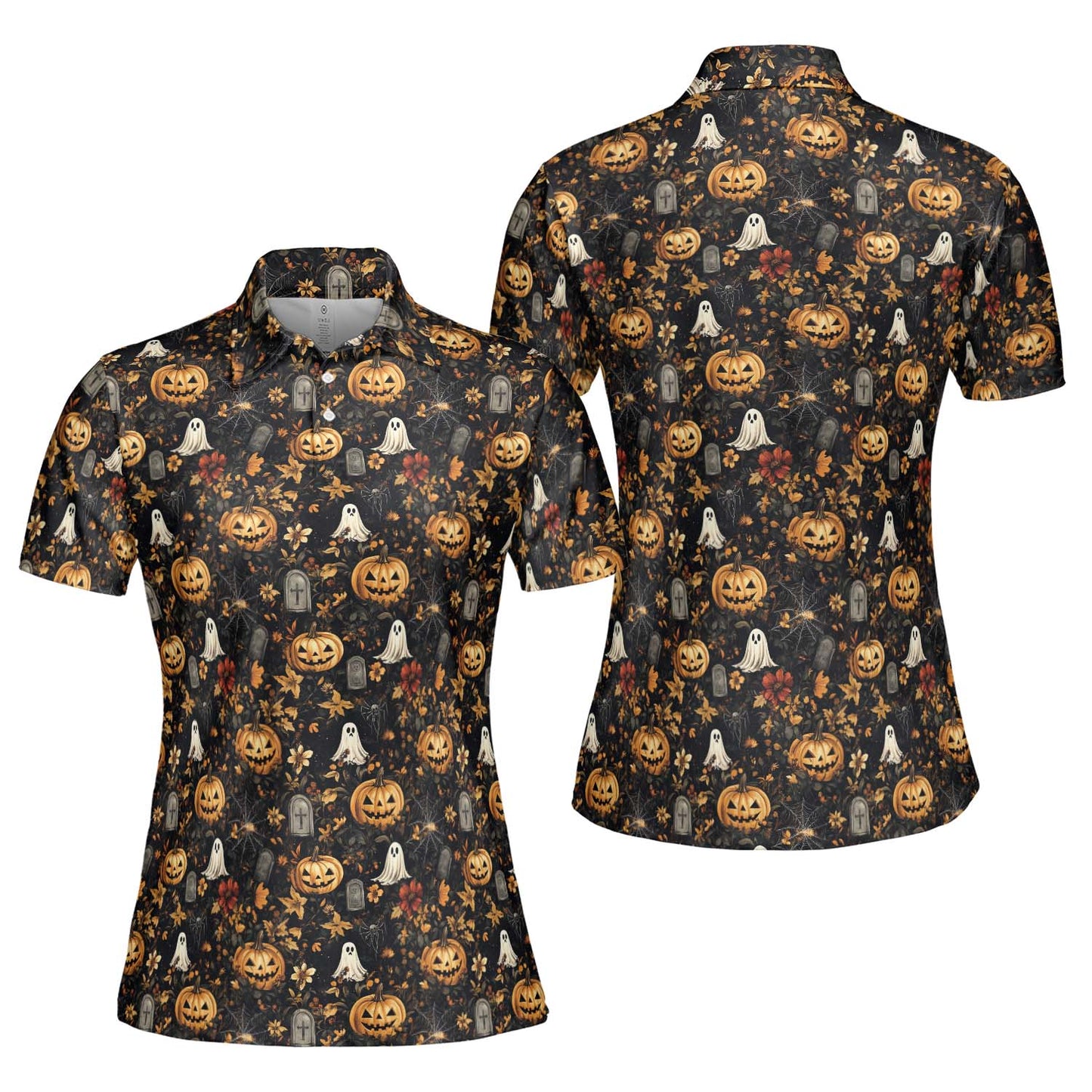 Ghost Pumpkin Floral Halloween Polo Shirt for Women Moisture Wicking Short Sleeve Golf Top