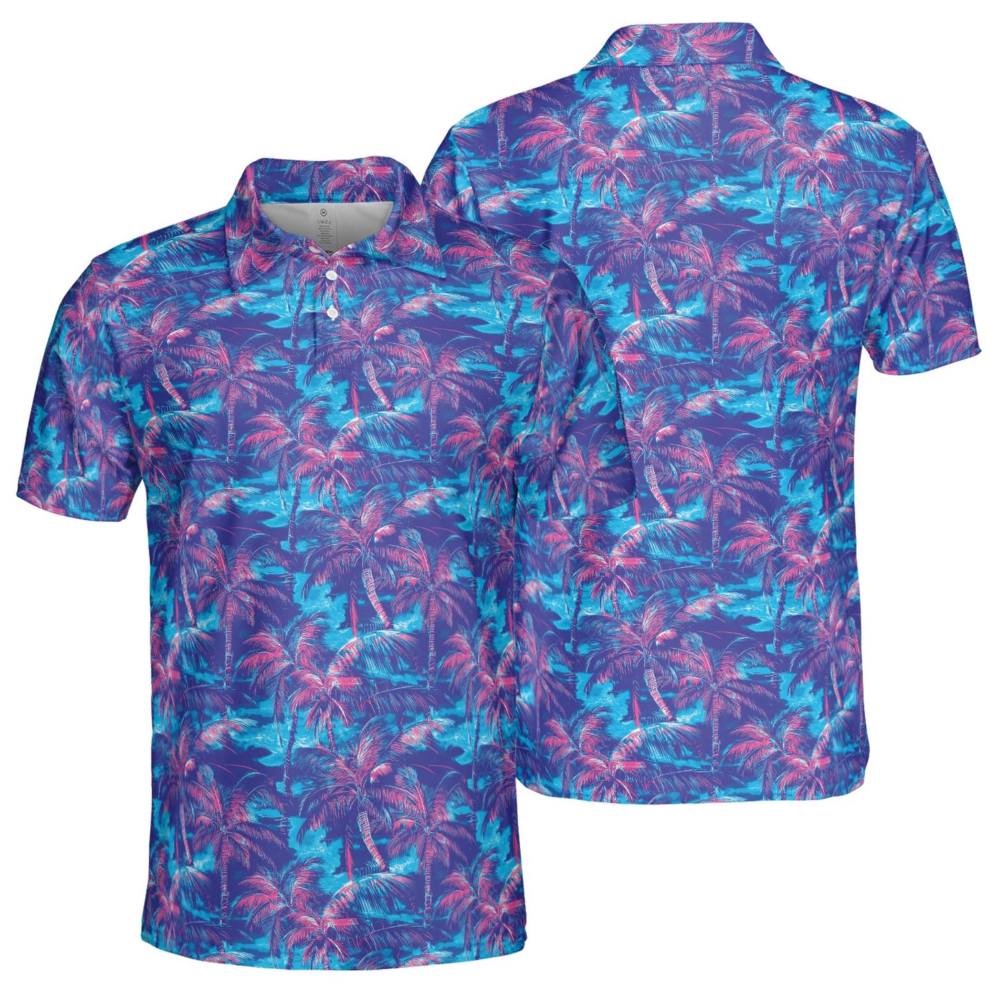 Retro Neon Palm Tree Print Summer Polo Shirt for Men Moisture Wicking Short Sleeve Golf Top