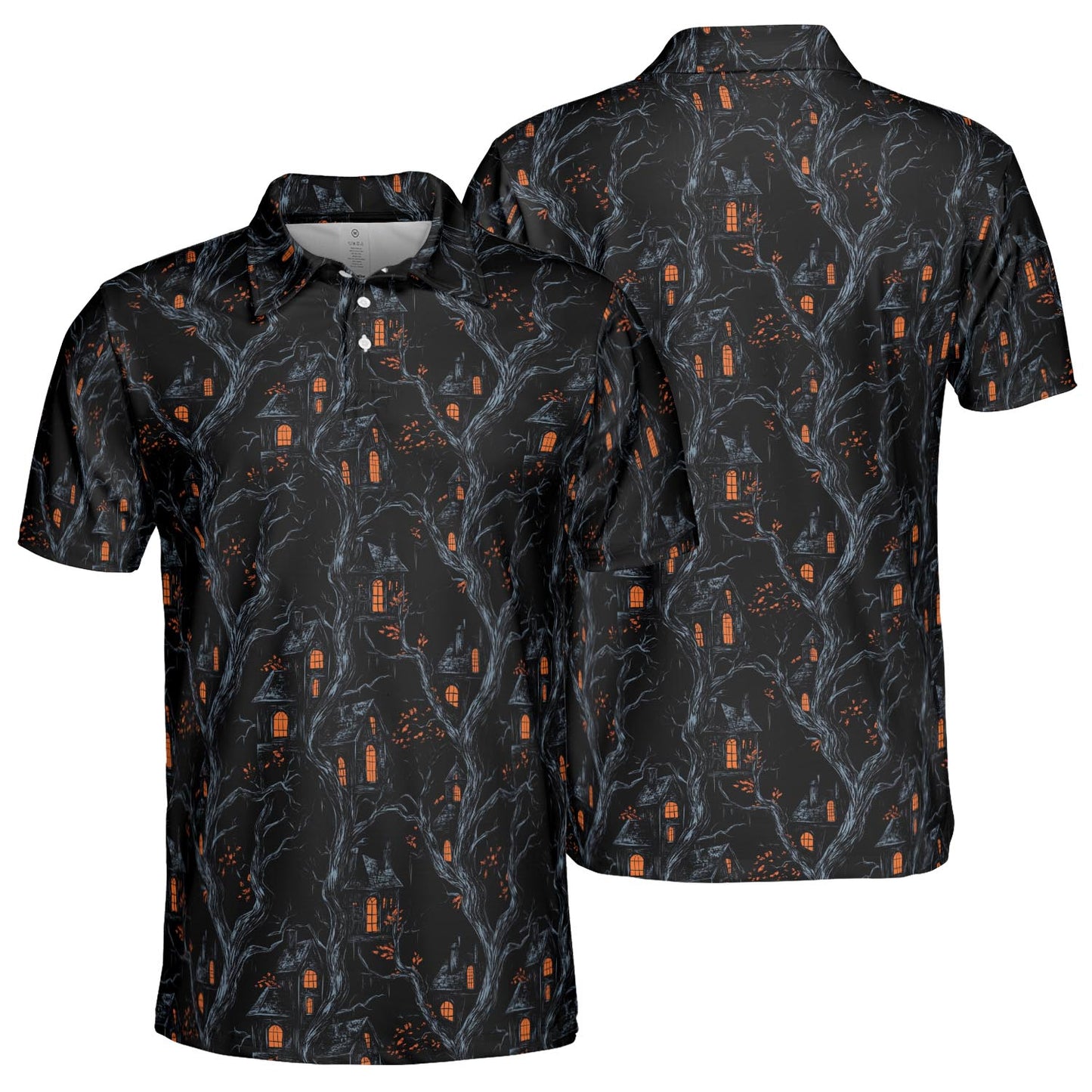 Haunted House Halloween Polo for Men Spooky Moisture Wicking Short Sleeve Golf Top