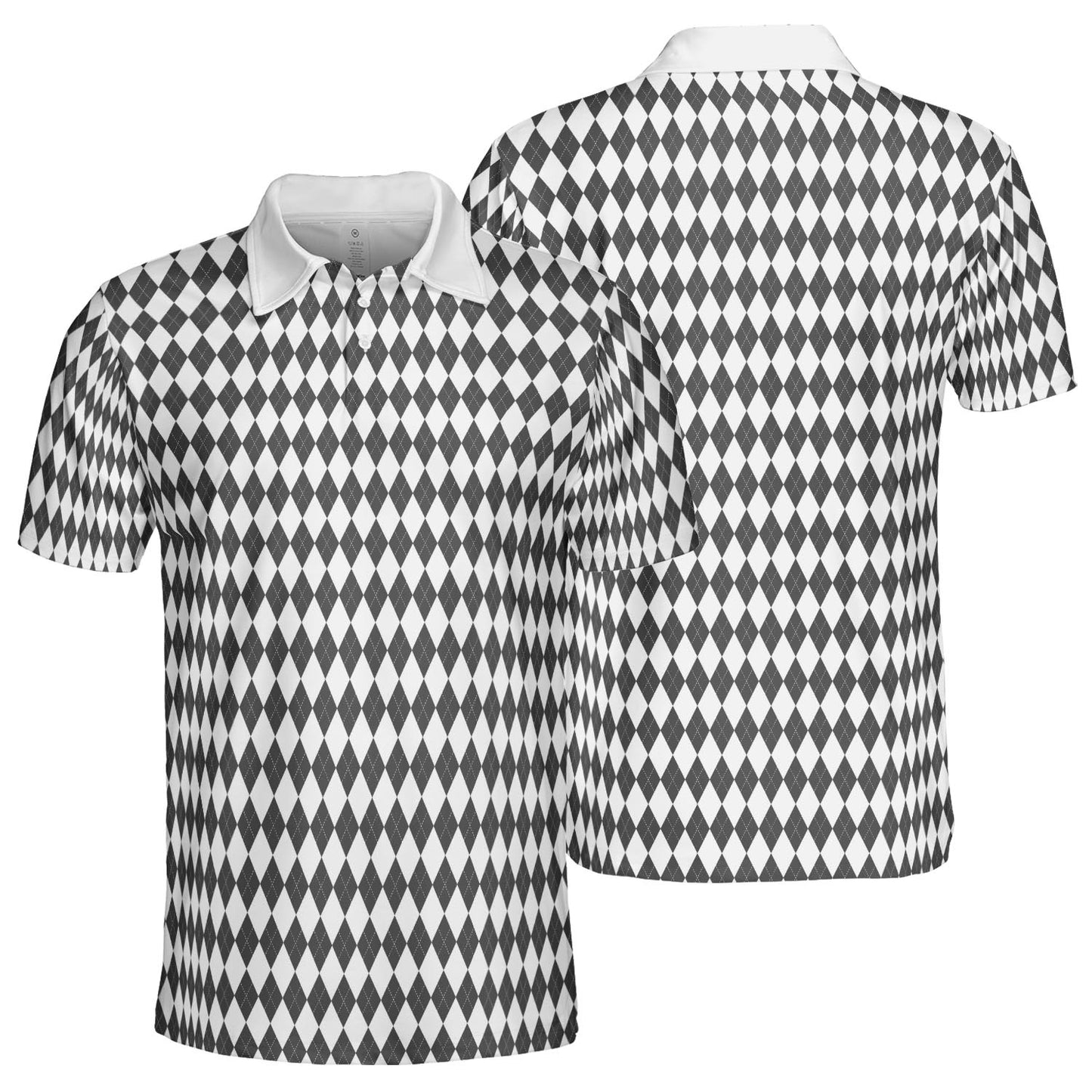 Bavarian Diamond Polo Shirt for Men Dark Grey White Checkered Moisture Wicking Short Sleeve Golf Top