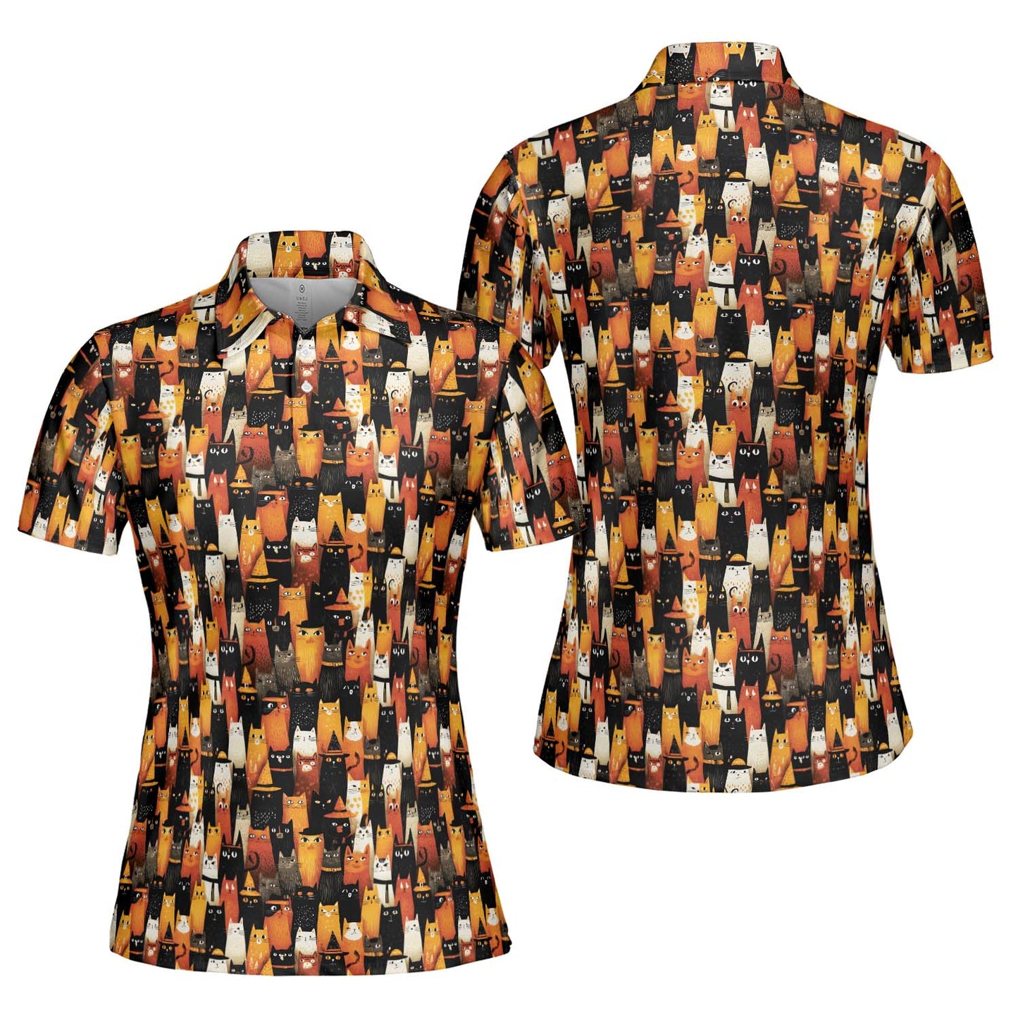 Halloween Cat Polo Shirt for Women Orange Black Witchy Kitty Costume Moisture Wicking Short Sleeve Golf Top
