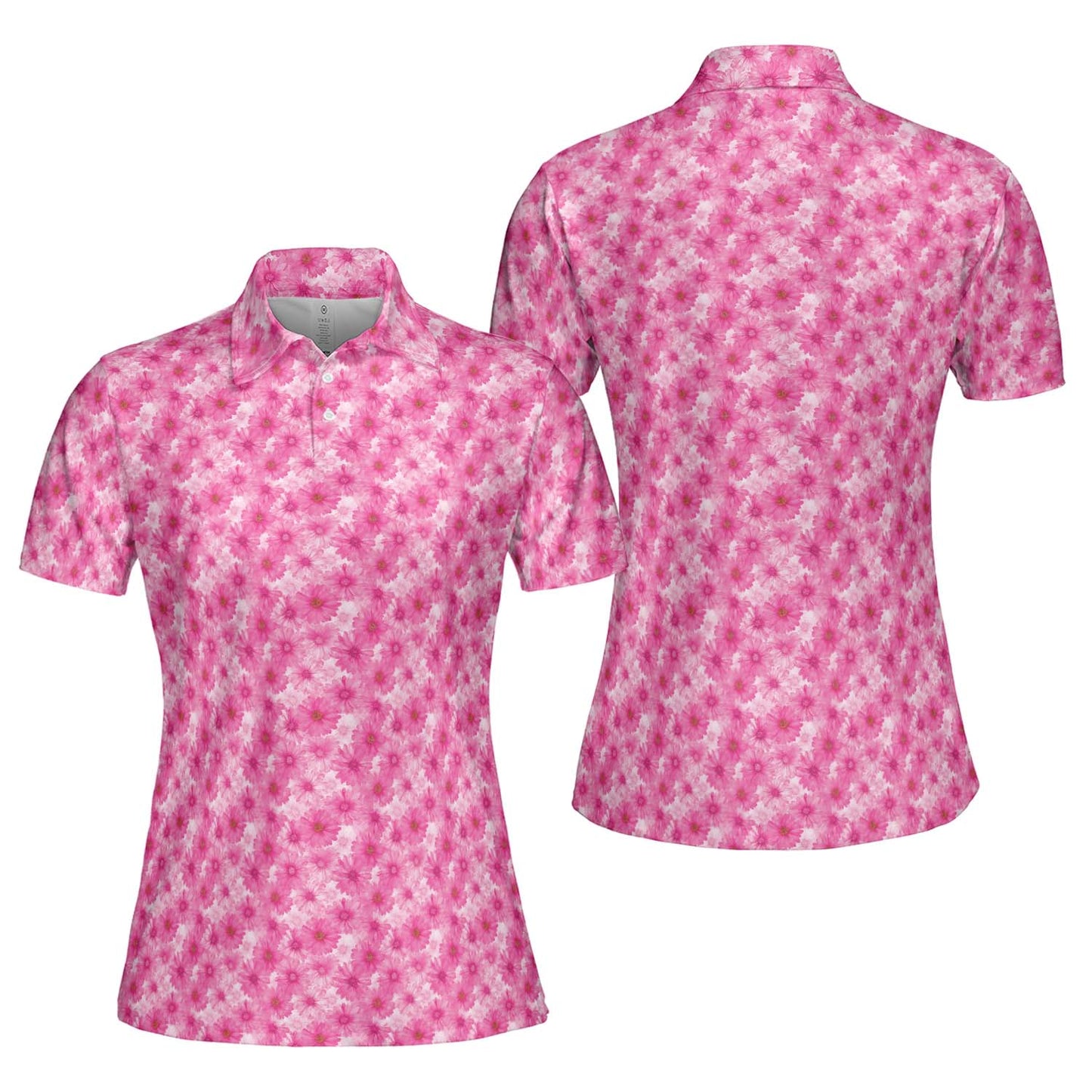 Pink Daisy Floral Polo Shirt for Women Spring Cottagecore Moisture Wicking Short Sleeve Golf Top