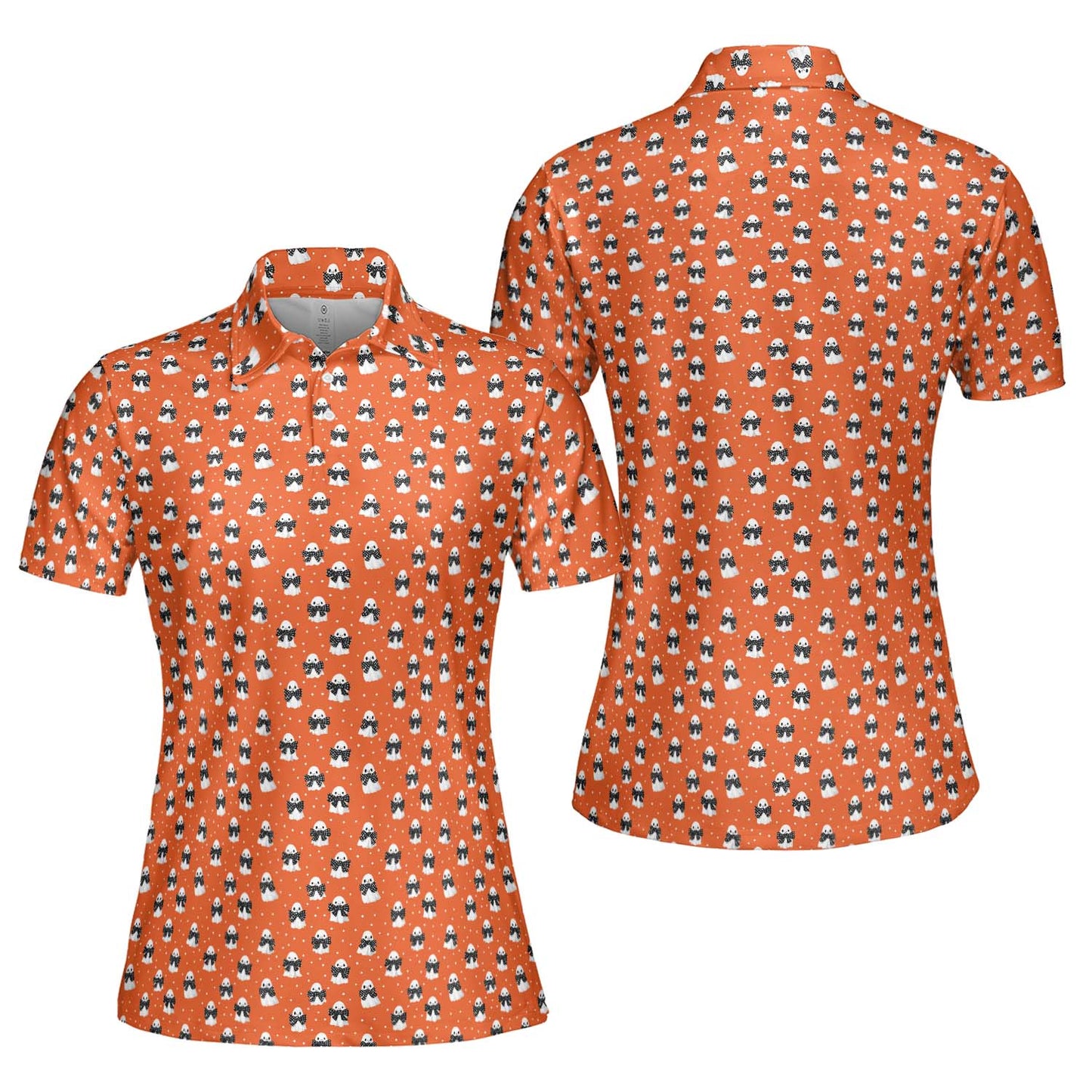 Ghost Halloween Polo Shirt for Women Orange Spooky Fun Costume Style Moisture Wicking Short Sleeve Golf Top