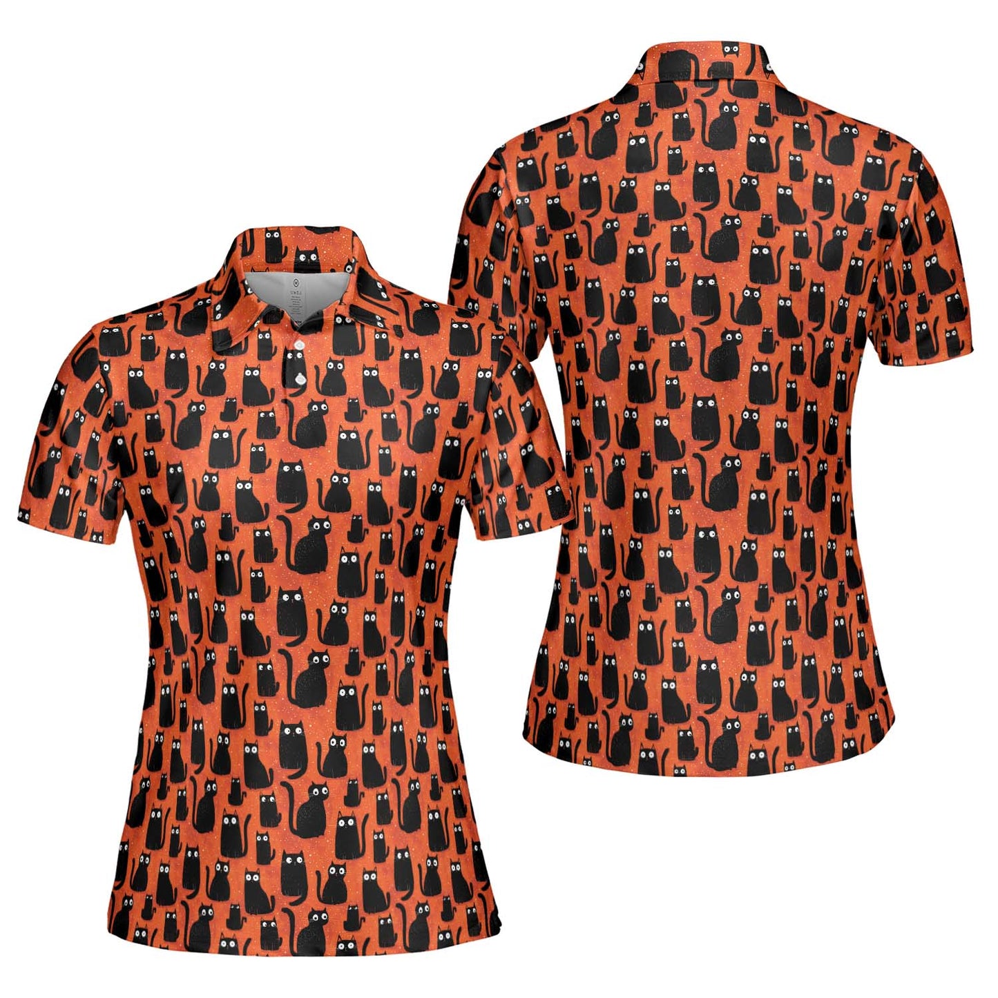 Black Cat Halloween Polo Shirt for Women Orange Spooky Cute Costume Moisture Wicking Short Sleeve Golf Top