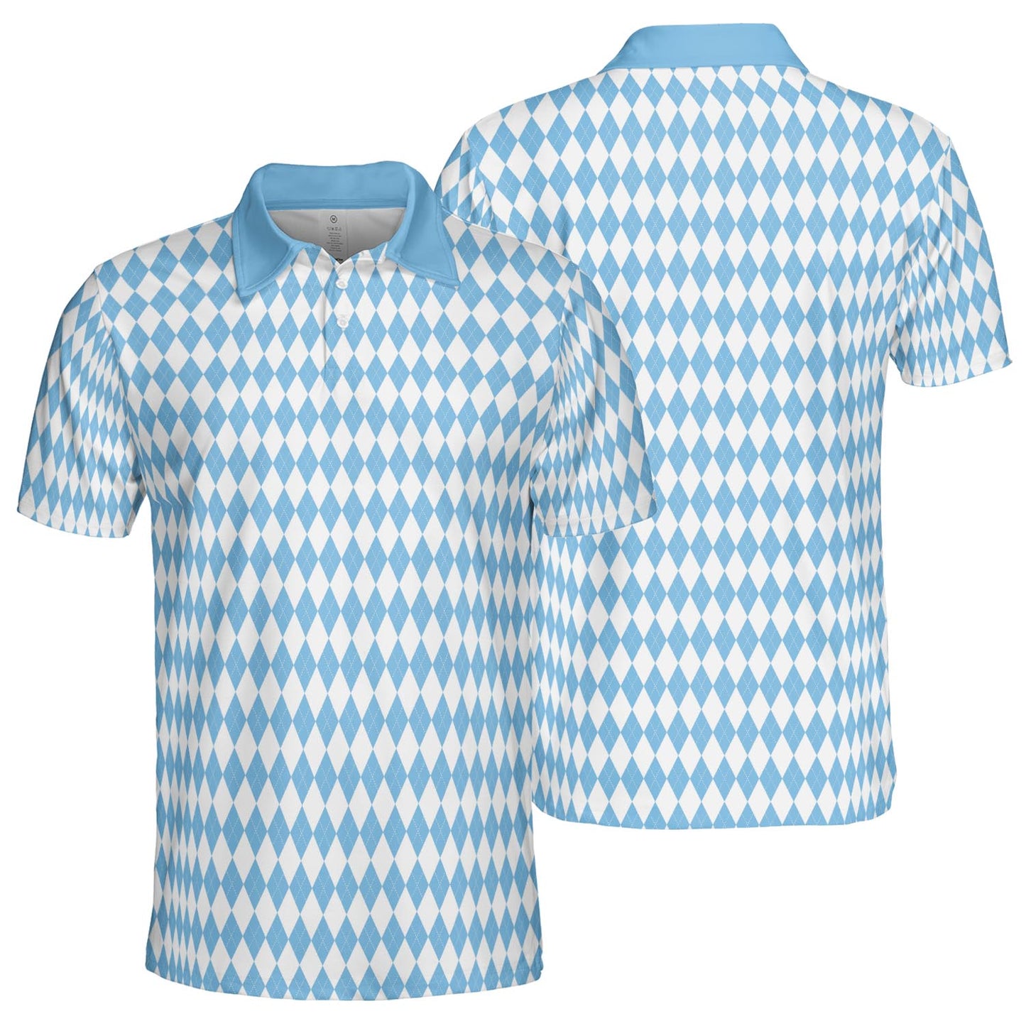 Bavarian Diamond Polo Shirt for Men Checkered Blue Collar Moisture Wicking Short Sleeve Golf Top