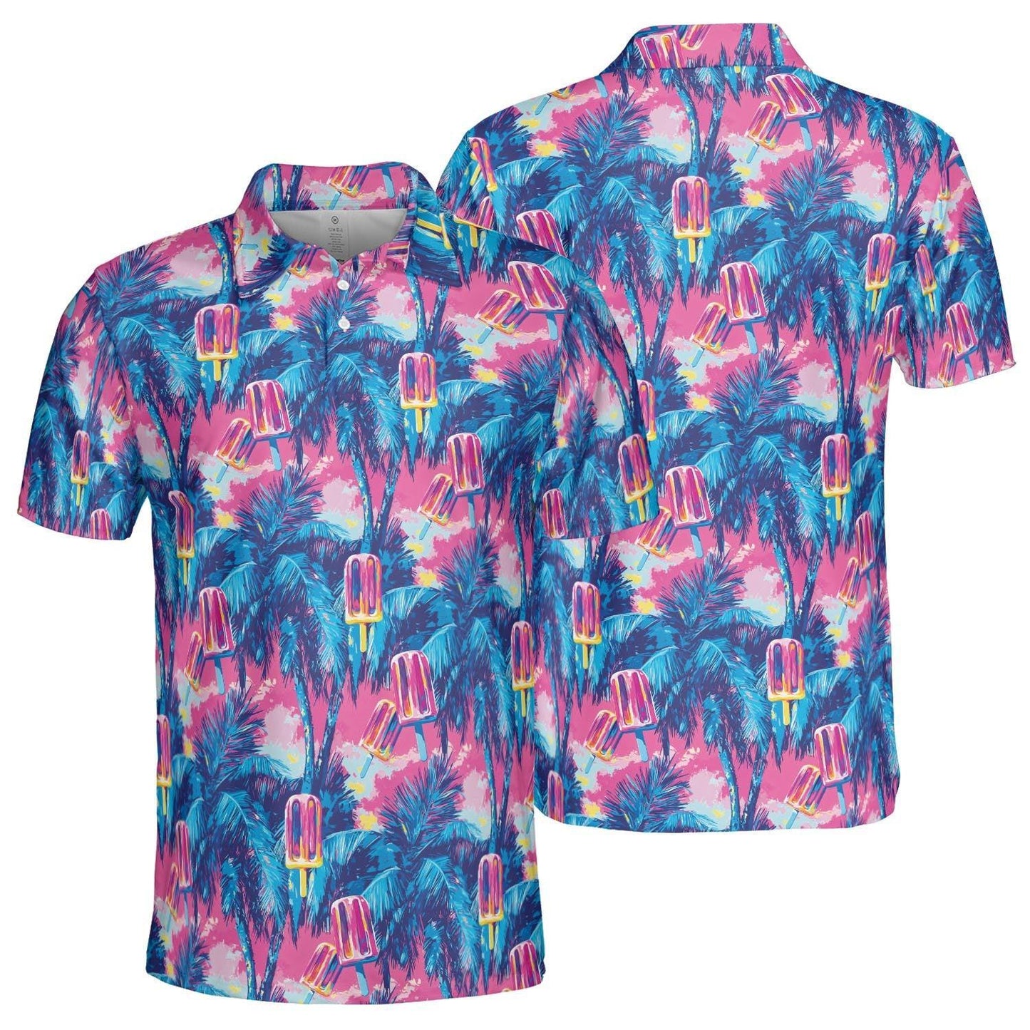 Tropical Popsicle Palm Print Summer Polo Shirt for Men Moisture Wicking Short Sleeve Vacation Golf Top