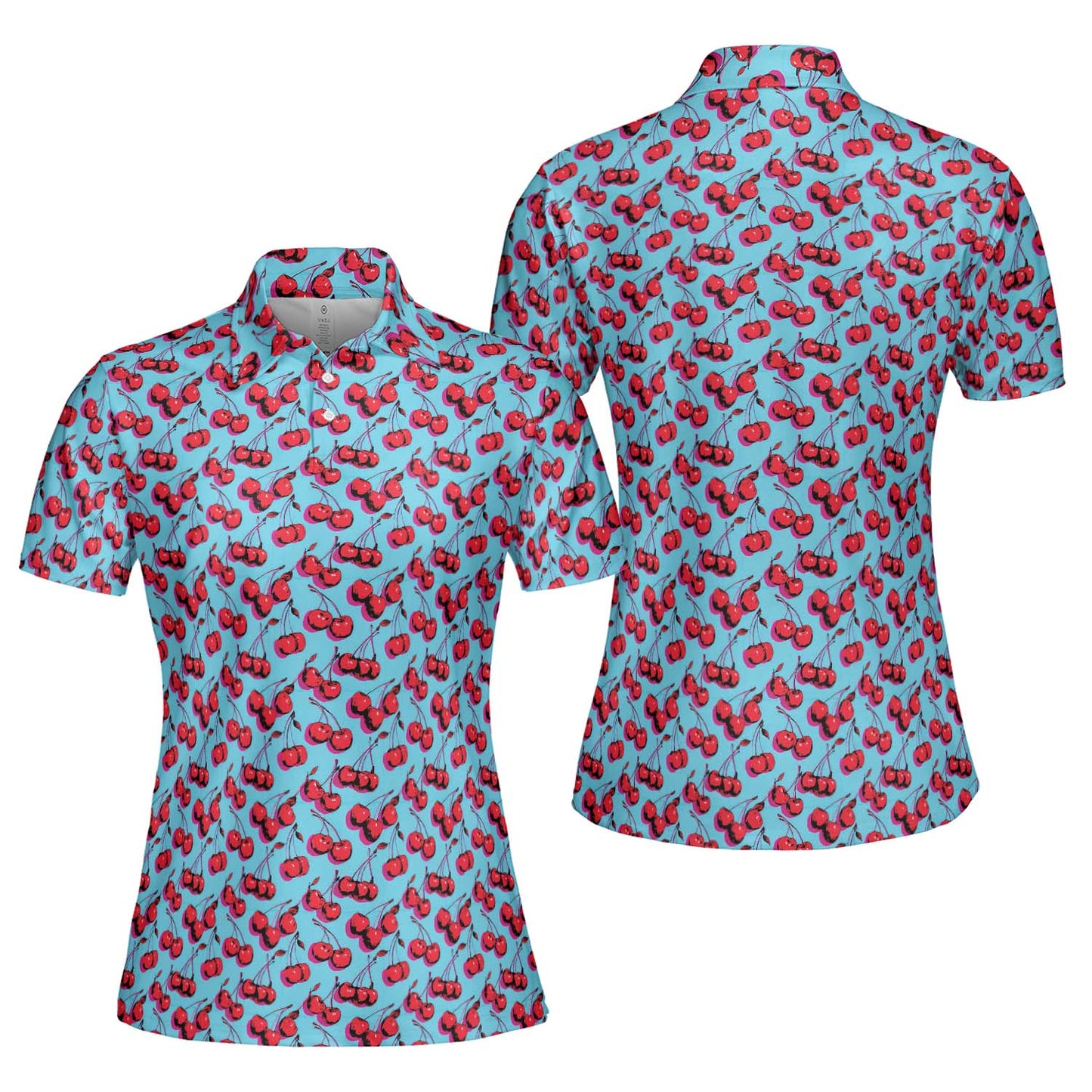 Cherry Print Polo Shirt for Women Blue Retro Y2K Summer Moisture Wicking Short Sleeve Golf Top