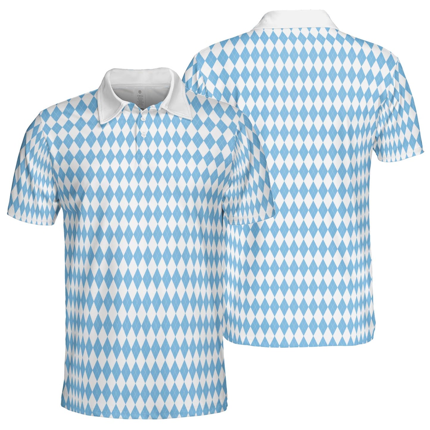 Bavarian Diamond Polo Shirt for Men Blue White Checkered Moisture Wicking Short Sleeve Golf Top