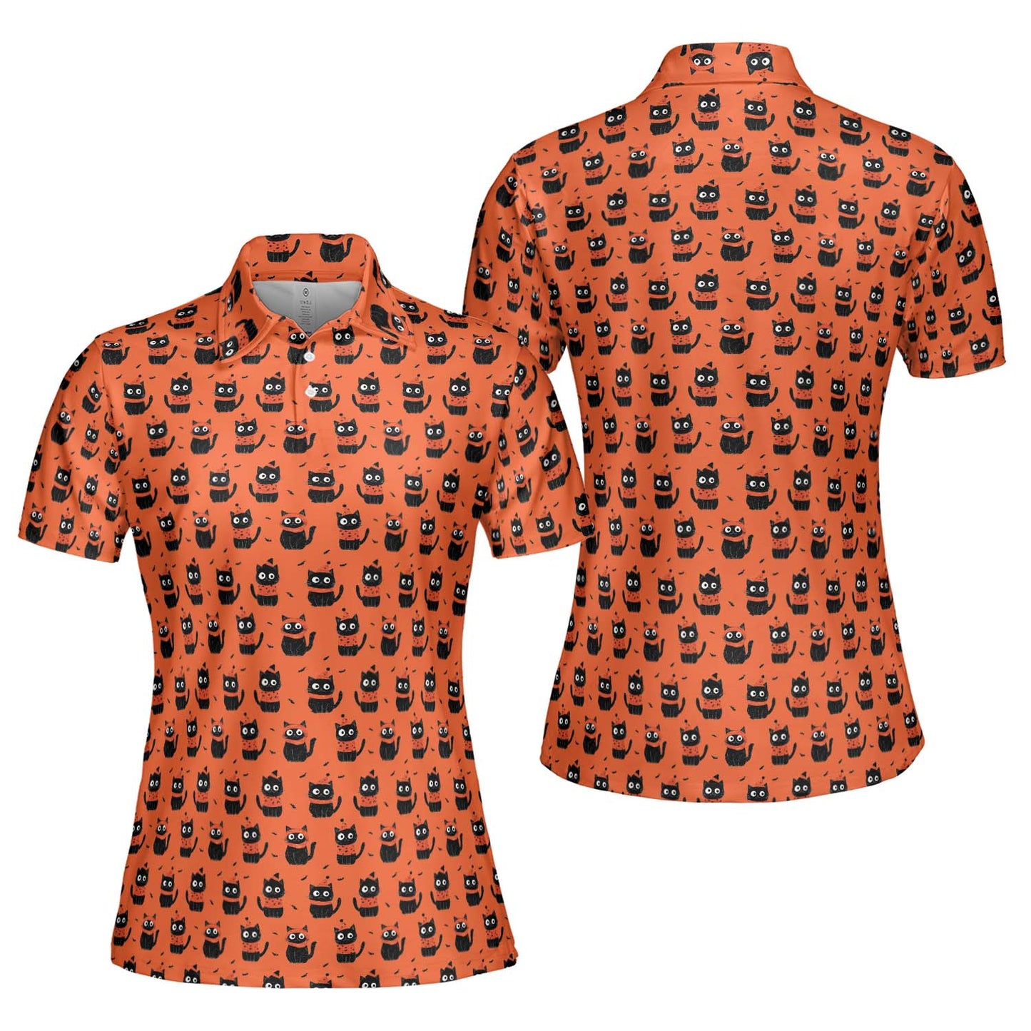 Funny Halloween Cat Polo Shirt for Women Orange Spooky Cute Moisture Wicking Short Sleeve Golf Top