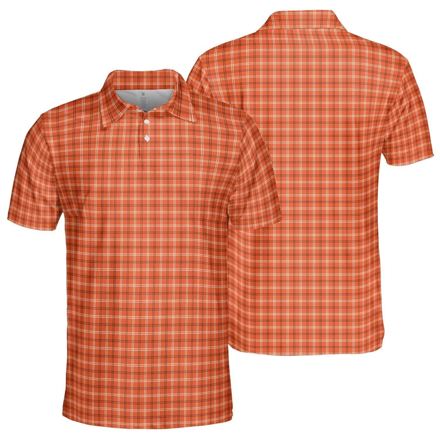 Orange Plaid Polo Shirt for Men Fall Checkered Autumn Halloween Moisture Wicking Short Sleeve Golf Top
