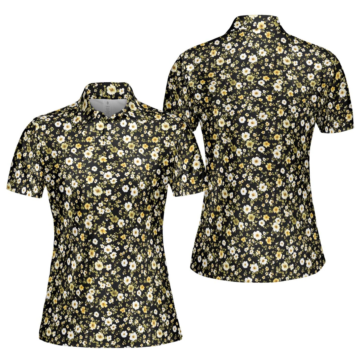 Black Daisy Floral Polo Shirt for Women Yellow Cottagecore Spring Summer Chic Moisture Wicking Short Sleeve Golf Top