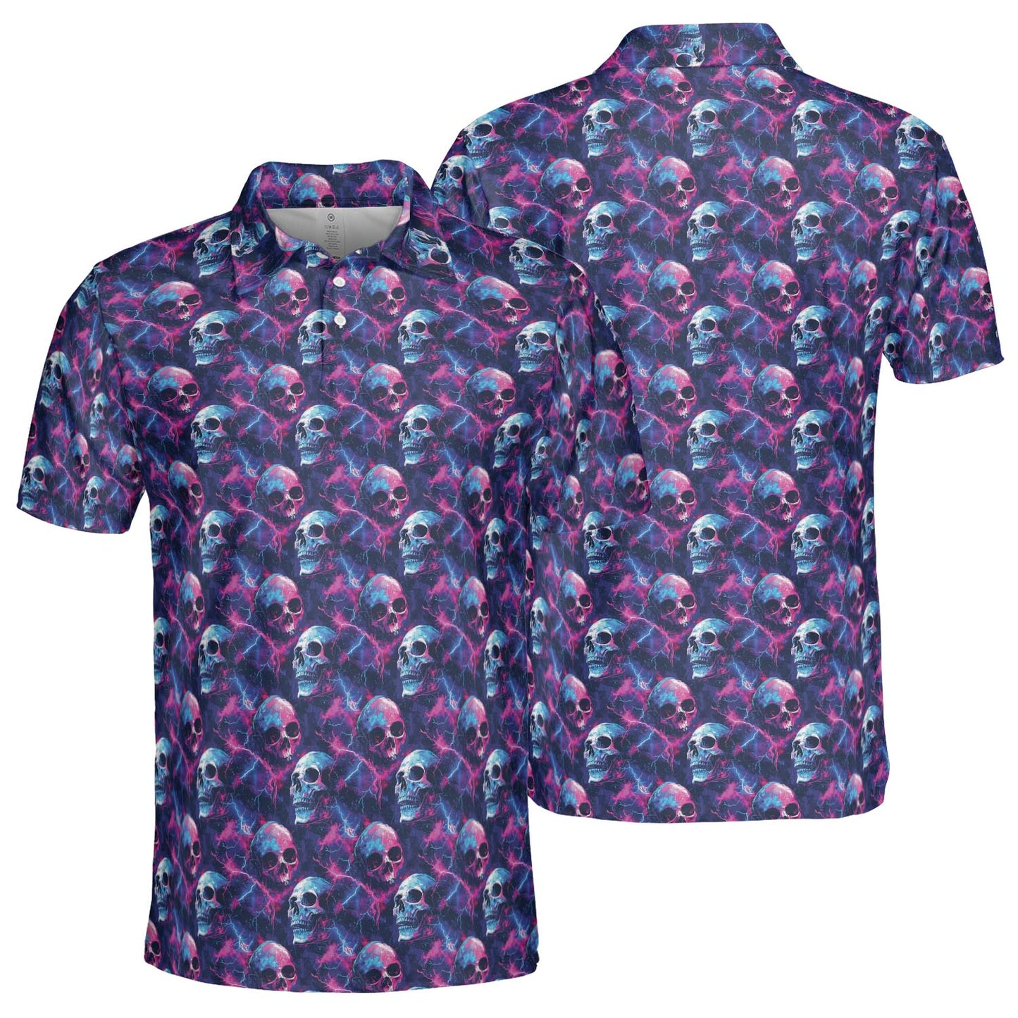 Electric Neon Cosmic Skull Print Halloween Polo Shirt for Men Moisture Wicking Short Sleeve Golf Top