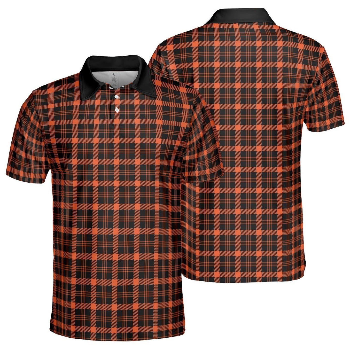 Black and Orange Buffalo Plaid Polo Shirt for Men Halloween Fall Checkered Pattern Moisture Wicking Short Sleeve Golf Top