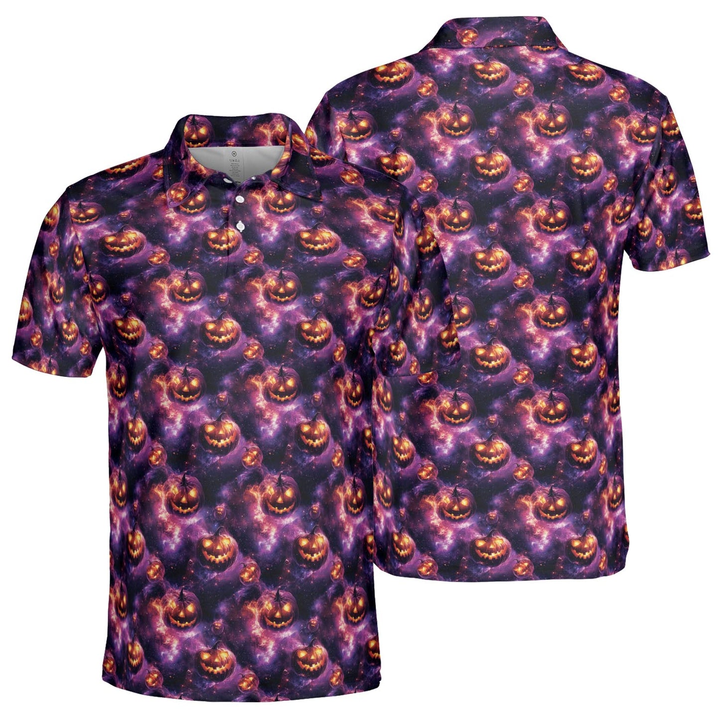 Spooky Jack O Lantern Galaxy Halloween Polo for Men Moisture Wicking Short Sleeve Golf Top
