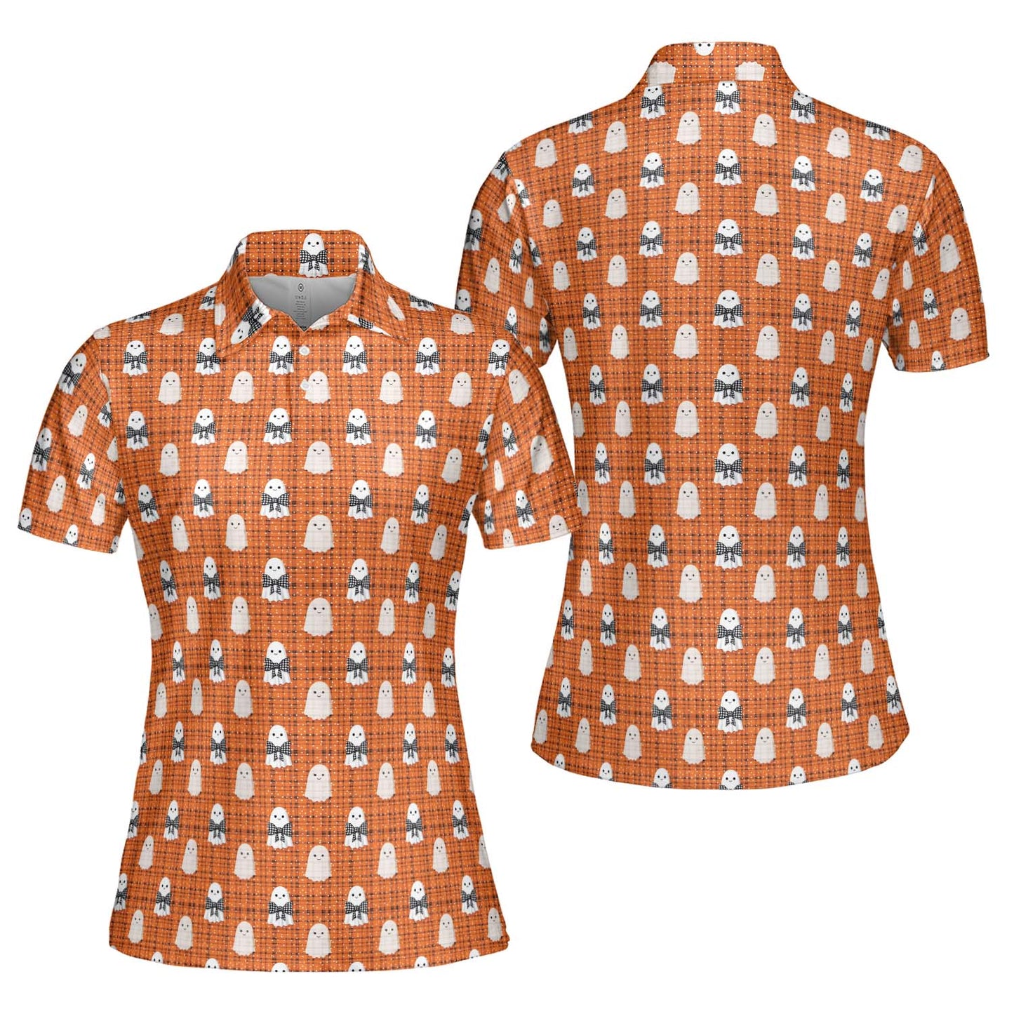 Cute Ghost Halloween Polo Shirt for Women Orange Plaid Moisture Wicking Short Sleeve Golf Top