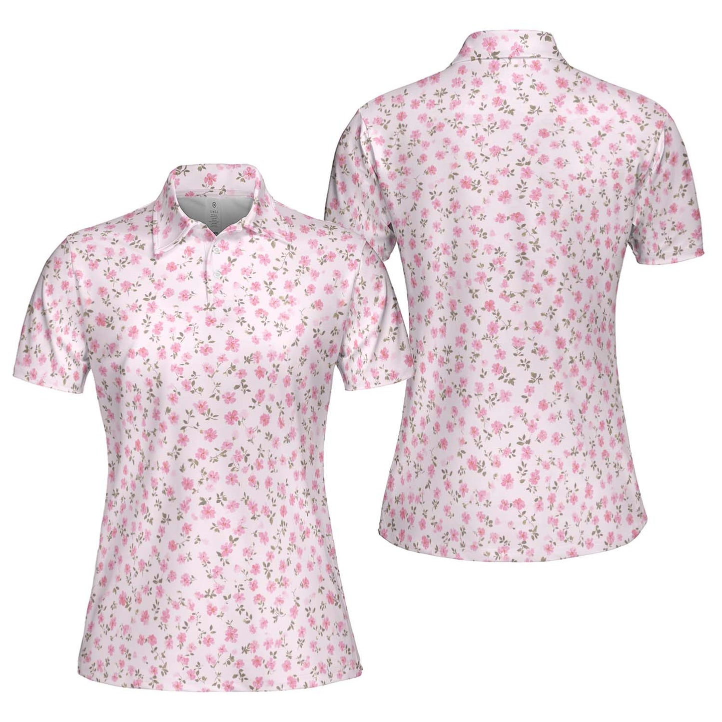 Pink Rosebud Polo Shirt for Women Soft Cottagecore Floral Spring Summer Moisture Wicking Short Sleeve Golf Top