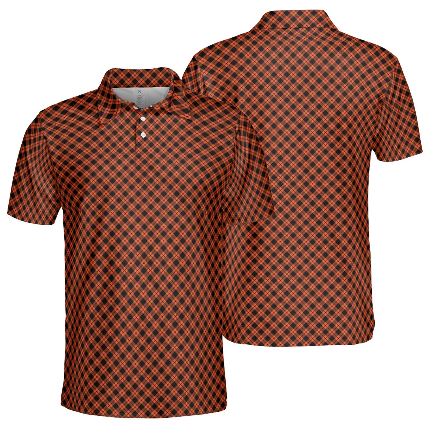 Black and Orange Plaid Polo Shirt for Men Halloween Fall Checkered Pattern Moisture Wicking Short Sleeve Golf Top