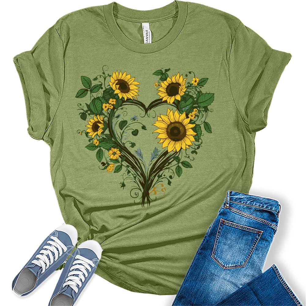 Women's Graphic Sunflower Vine Heart T Shirt Summer Bella Top Casual Plus Size Tee