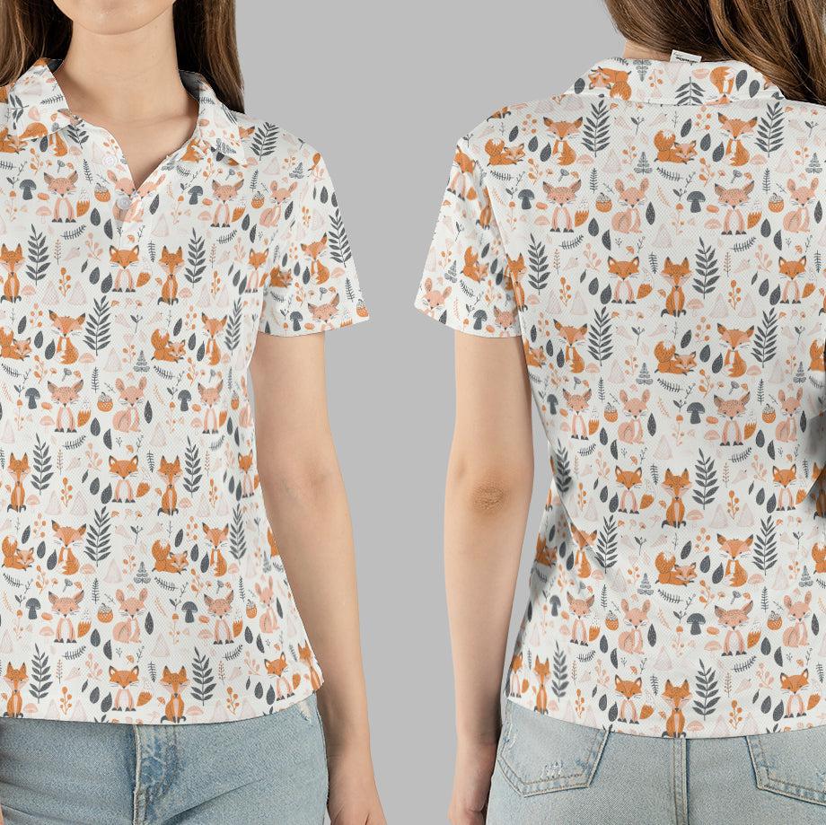 Cottagecore Polo Golf Shirt for Women Fox Woodland Print Vintage Moisture Wicking Short Sleeve Top